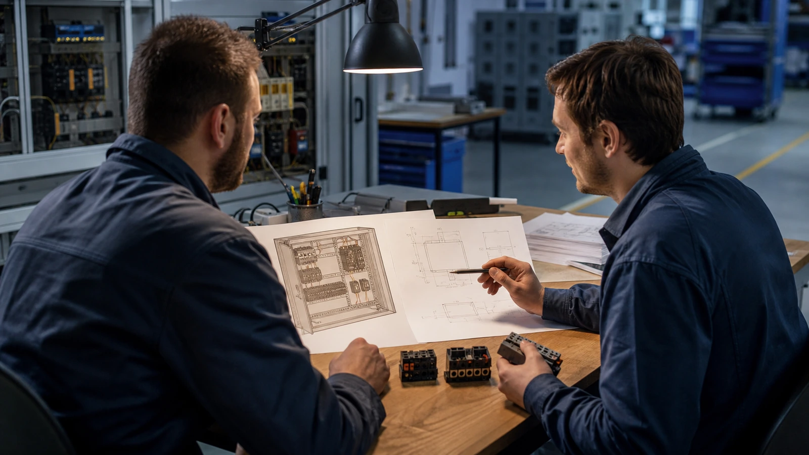 Engineers reviewing an industrial control-panel layout and connector options