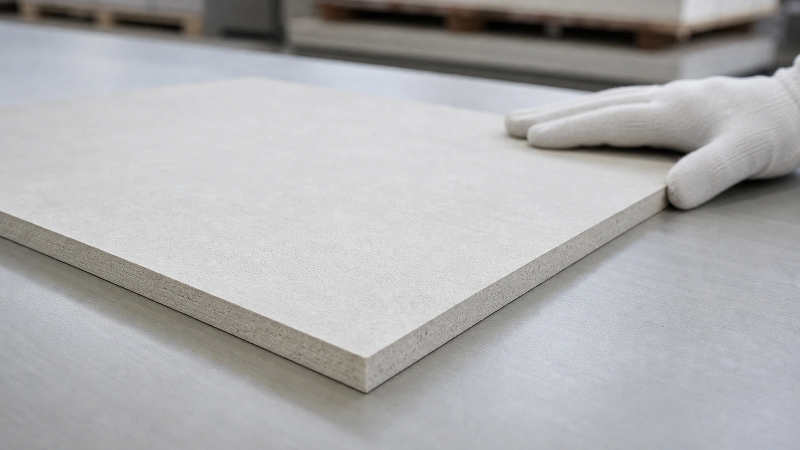 Unbranded flat board sample handled during a generic material review.