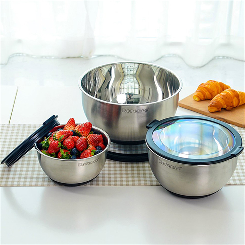 Stainless Steel Mixing Bowl Set with Transparent Lids - 3-Piece Set with 1.5, 3, 5QT