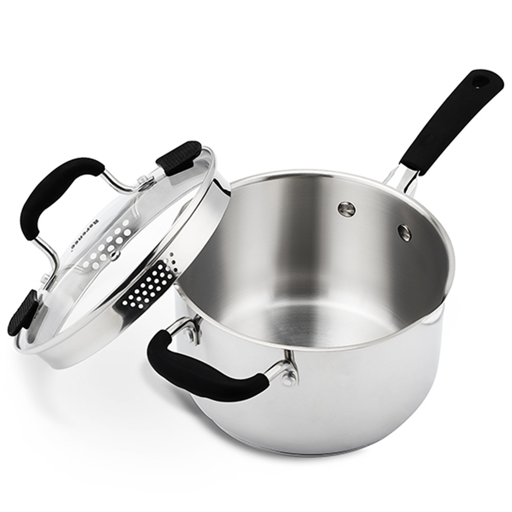 Stainless Steel Saucepan with Lid featuring Dual Pour Spouts & Silicone-Encased Riveted Handles