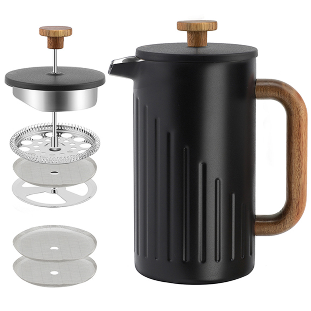 French Press Coffee Maker with Real Wood Handle, Double Wall Insulation & Dual-Filter Screen