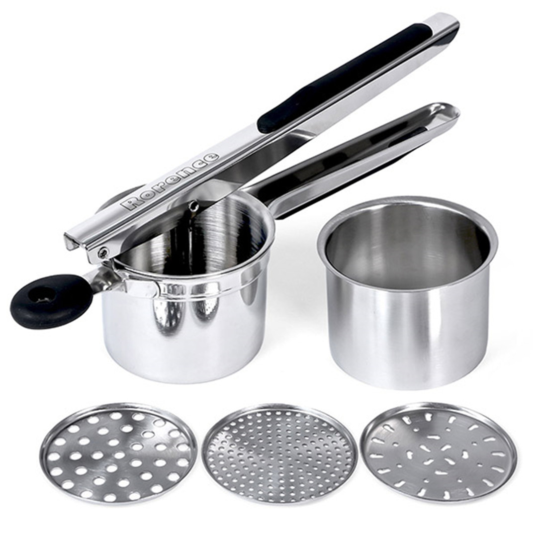 Stainless Steel Potato Ricer with 3 Interchangeable Discs & Inner Cup & Silicone Grip Handles