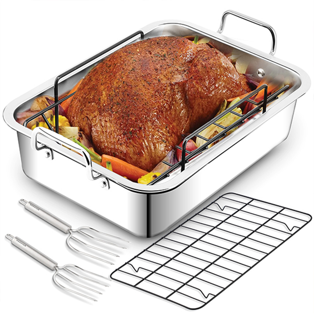 Stainless Steel Turkey Roasting Pan with Nonstick Rack Large 16 x 12 Inch