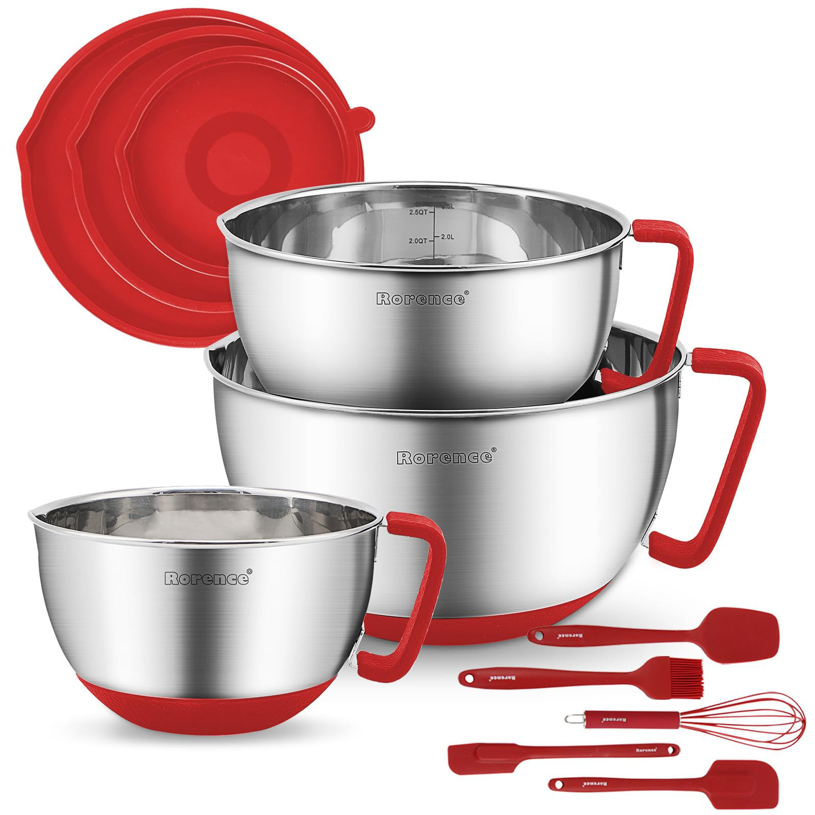 Metal Mixing Bowl Set with Lids Nesting Bowls for Kitchen Set of 8 - Red