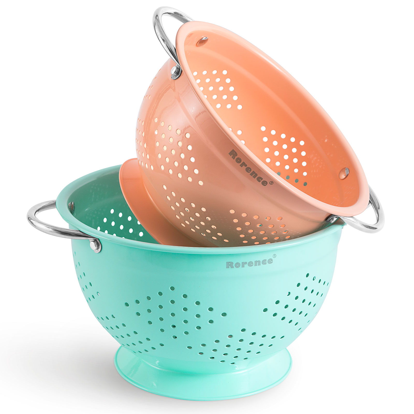 Colorful Metal Colander with Handle and Stable Base Set of 2