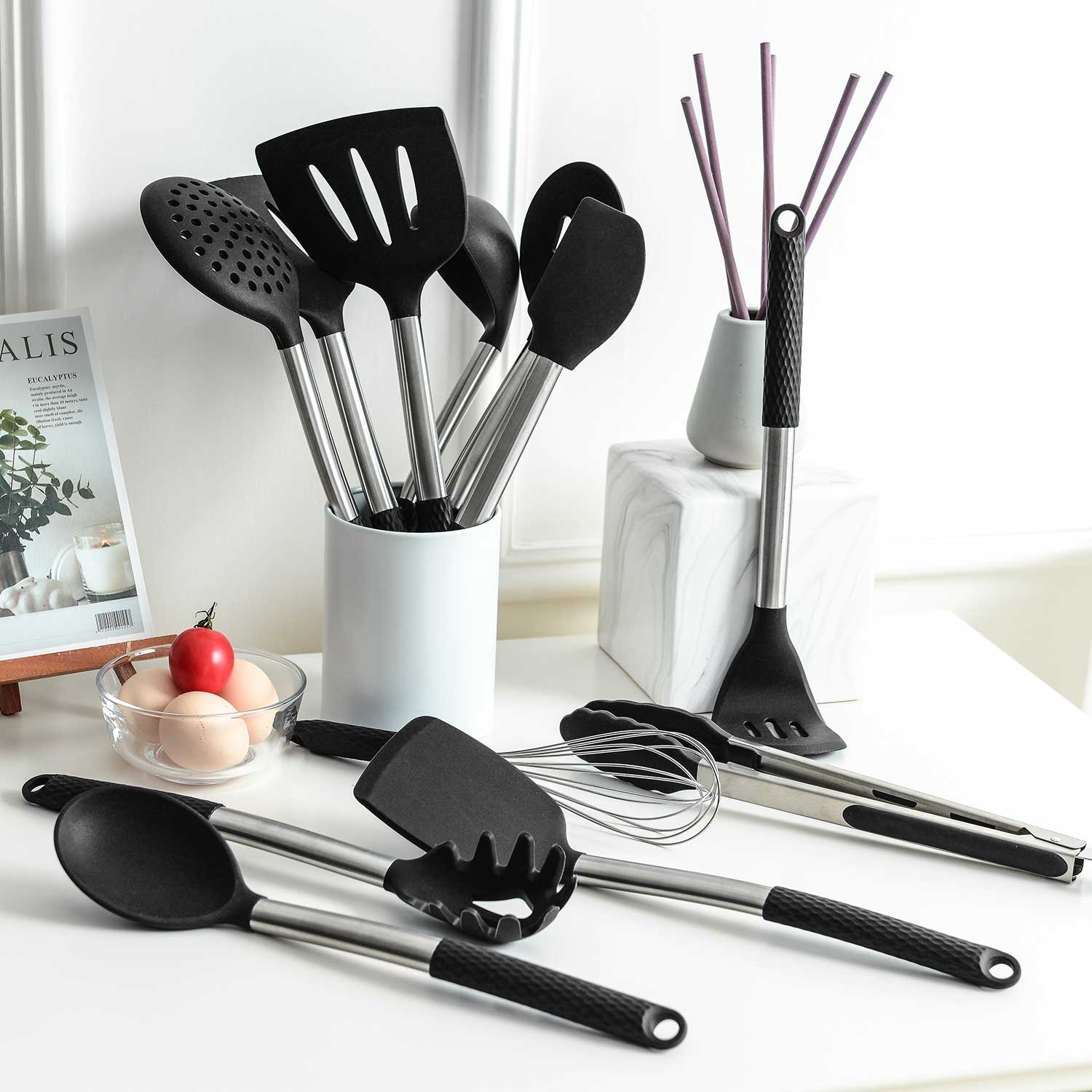 Pack of 12 Large Silicone Stainless Steel Cooking Utensils Set, Non-stick Heat Resistant