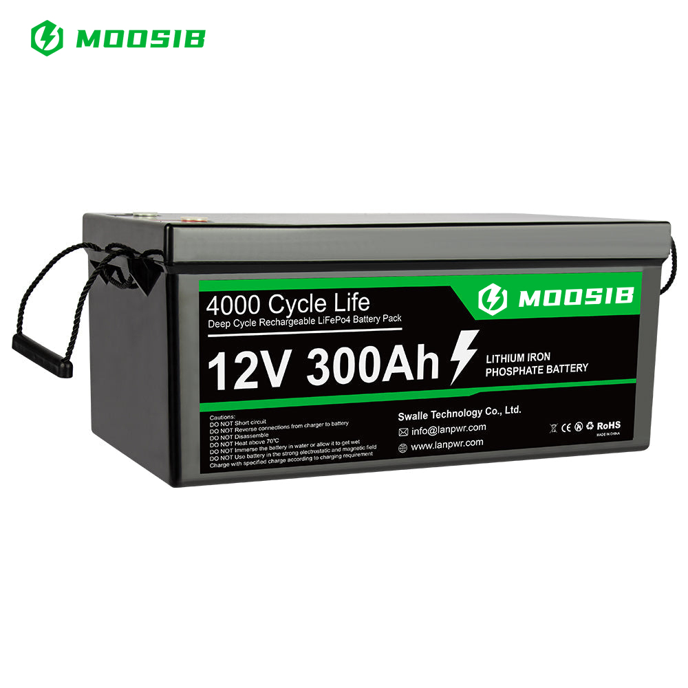 MOOSIB 12V 300Ah LiFePO4 Battery, Build-In 200A BMS Maximum Load Power 2560W, 3840Wh Energy