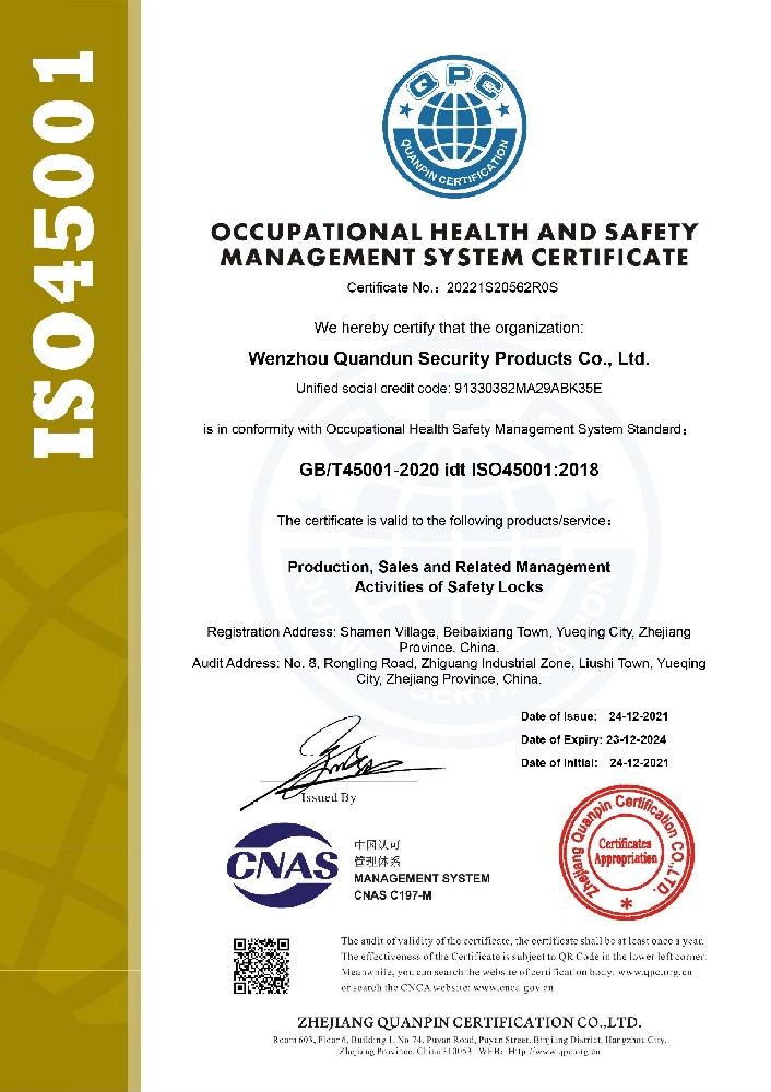 Occupational Health and Safety Management System Certification Certificate (English) byv
