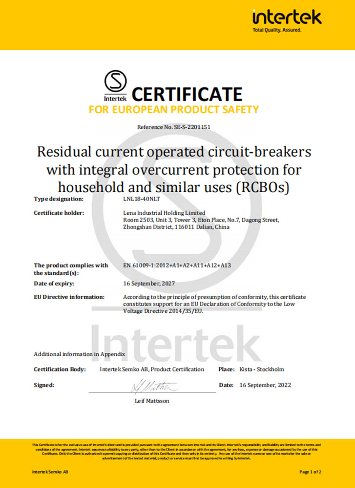 Certyfikat SEMKO-RCBO-1P+Niub