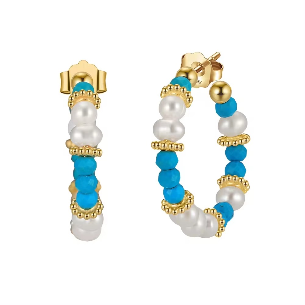 Boucles d'oreilles créoles Turquoise en argent Sterling 925 avec perle naturelle pour femmes, bijoux en perles triées sur le volet