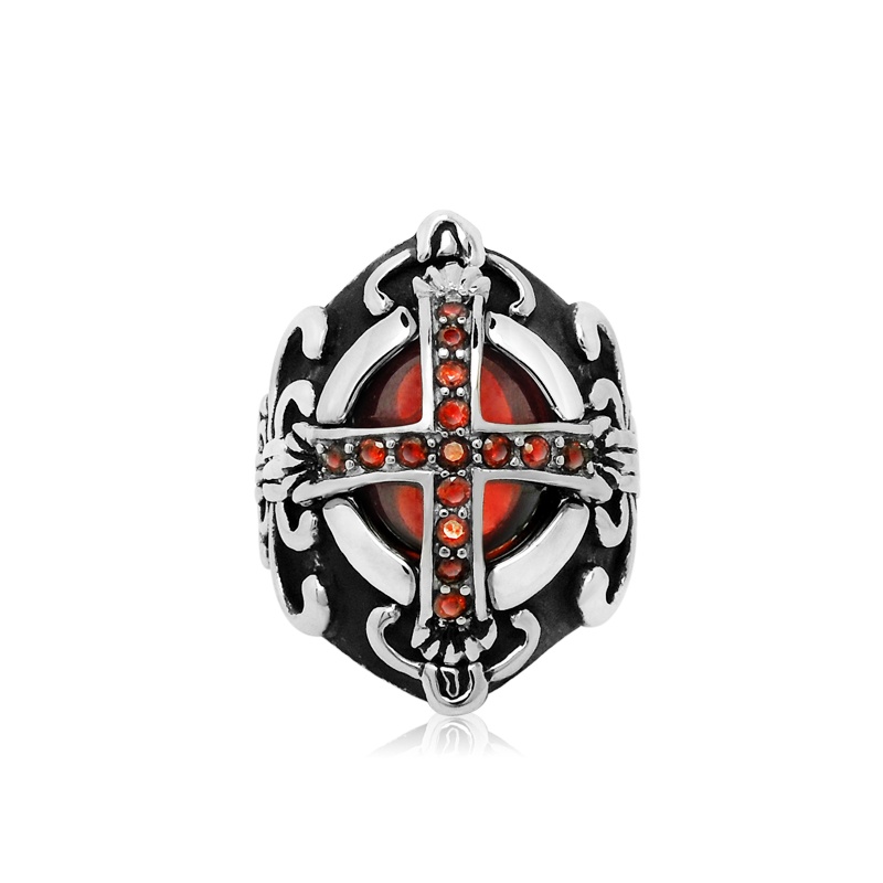 Großhandelssilberner gotischer Kreuz-Punk-Vampir-roter Stein-Silberring