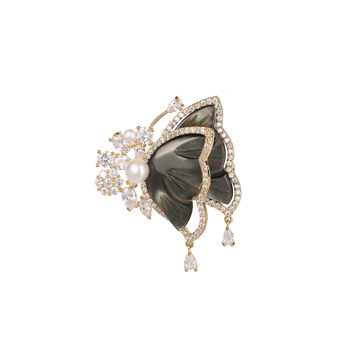 Aangepaste fijne sieraden parel zirkoon schelp vlinder broches luxe vrouwen veiligheidssjaal hijab pin broche