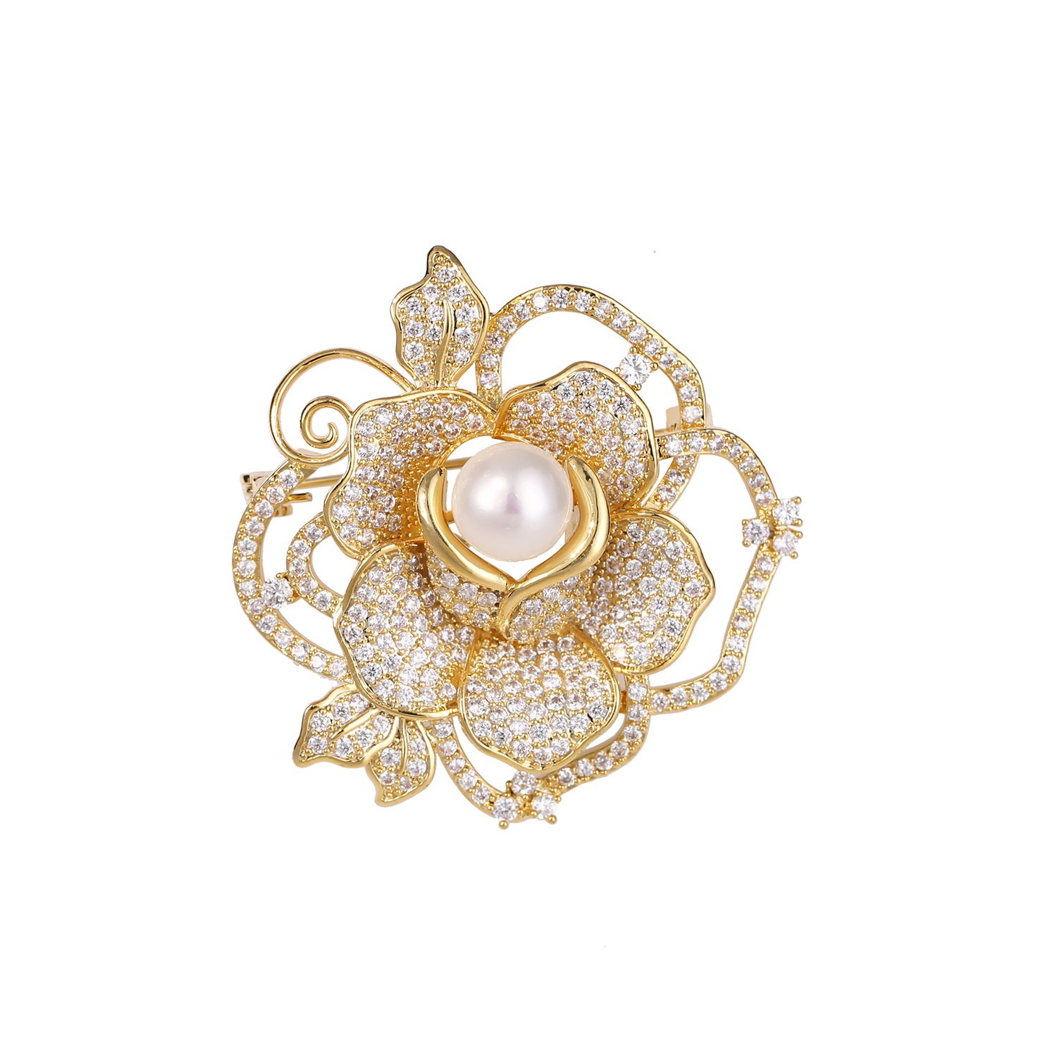 Women gold rose brooch with pearl