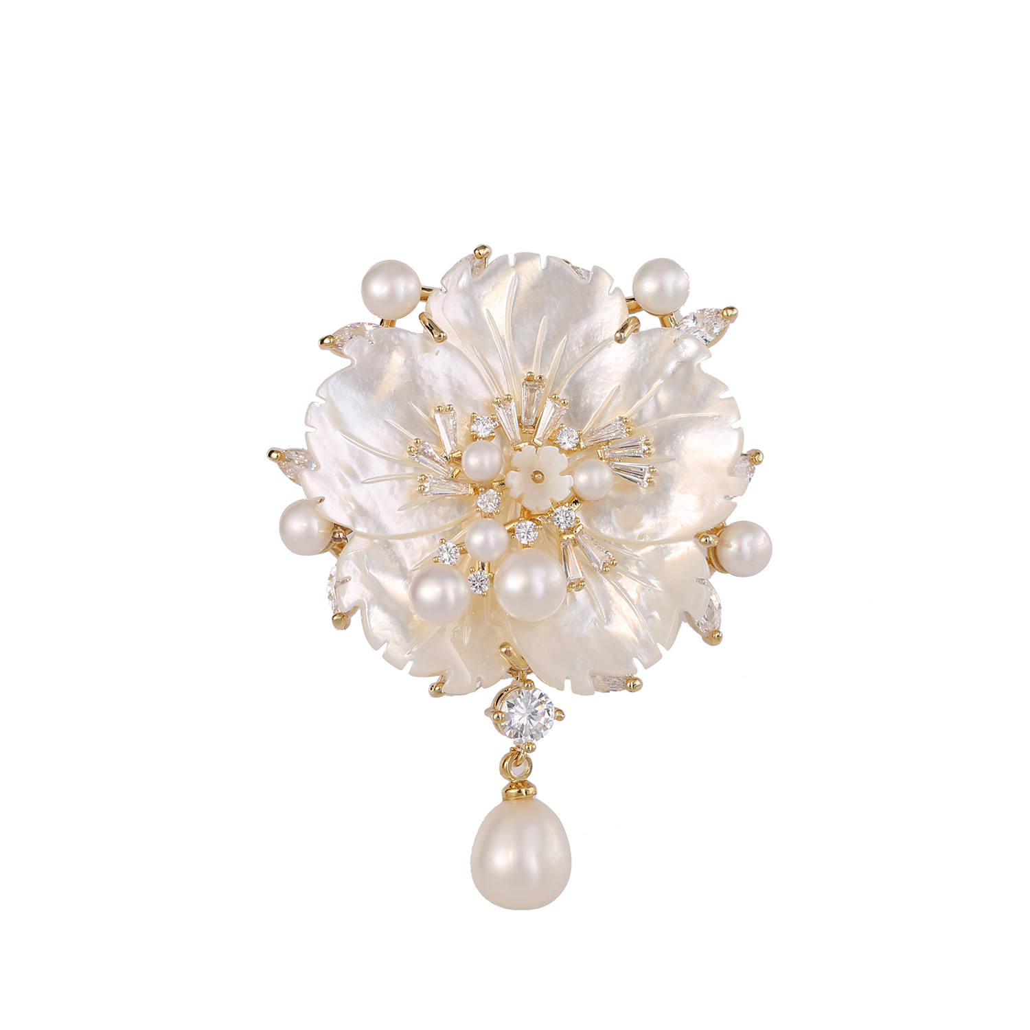 Women natural shell brooch with pearl pendant