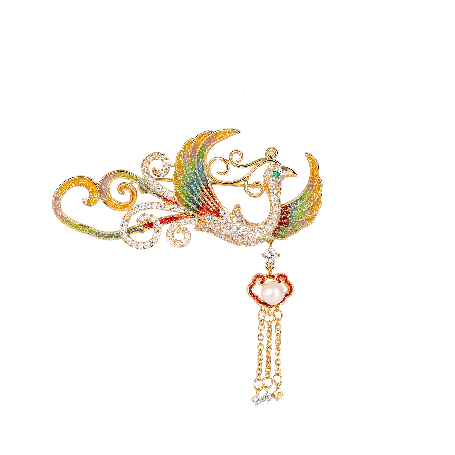 Kerongsang Pin Enamel Kerongsang tembaga Feitian Phoenix yang comel dengan mikro-inset zirkon perangai pinggiran cheong gown cardigan corsage