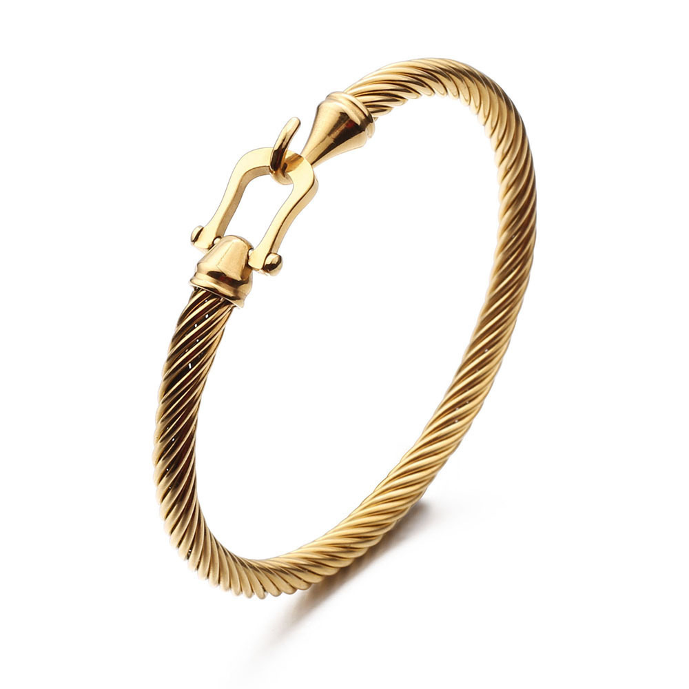 Elegante bracciale rigido digitale romano con bracciali a filo intrecciato in acciaio inossidabile per donna Chiusura con gancio in acciaio color oro