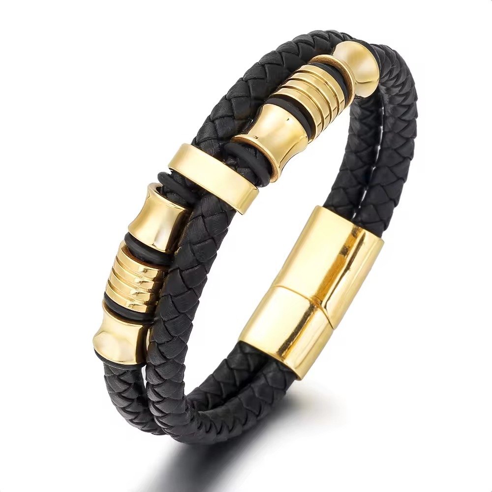 Bracelet en cuir haut de gamme pour hommes - Fermoir magnétique en acier inoxydable en noir, argent et or