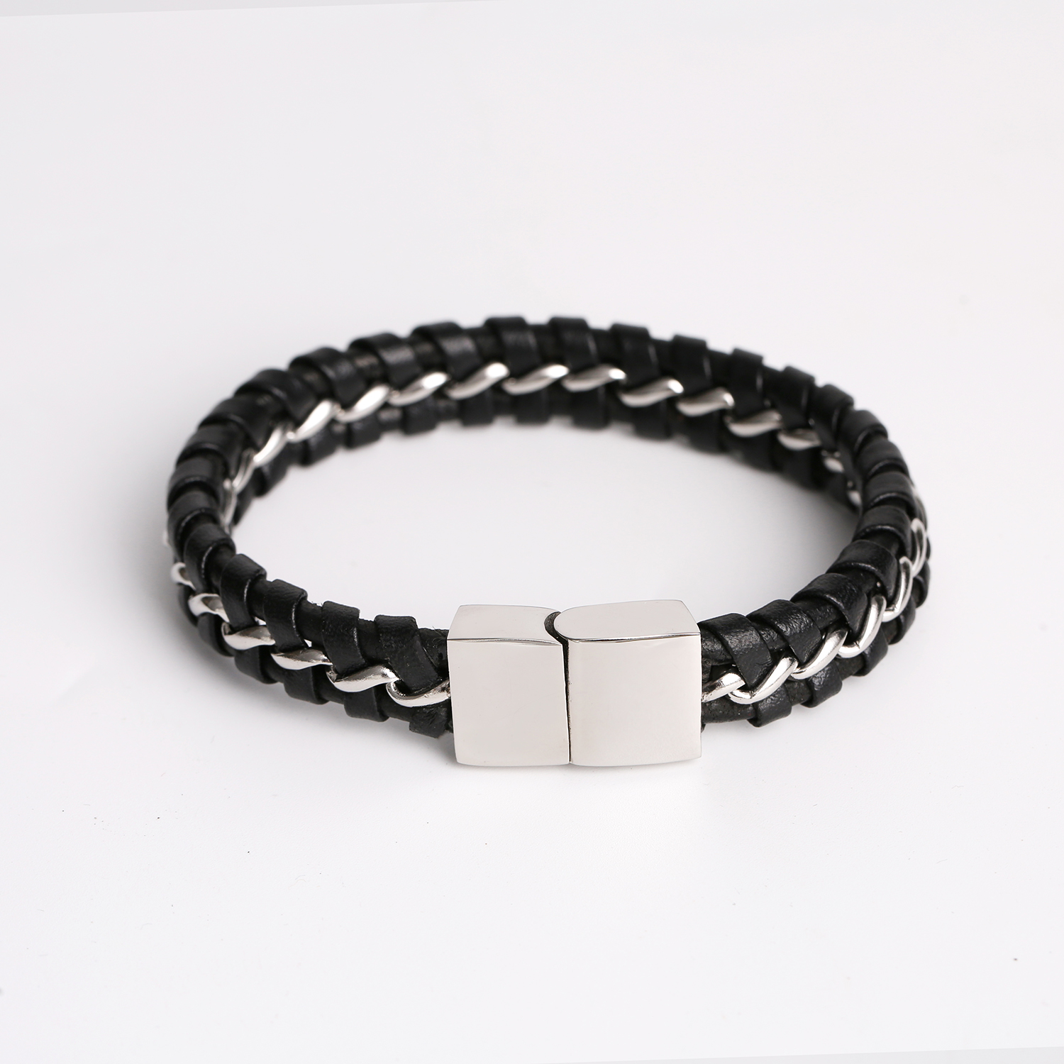 Popolare braccialetto personalizzato con chiusura magnetica in acciaio inossidabile intrecciato con catena in pelle