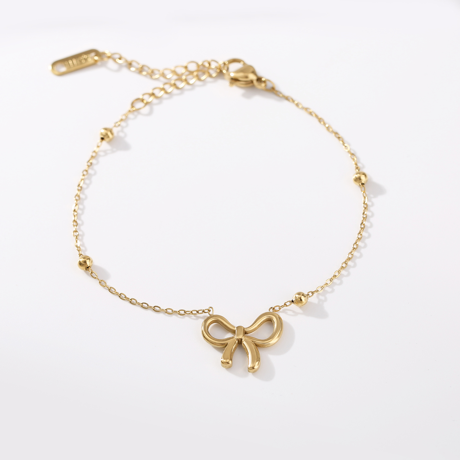 2024 tarnish free stainless steel gold plated bow ribbon beads chain bracelet Monther's Day