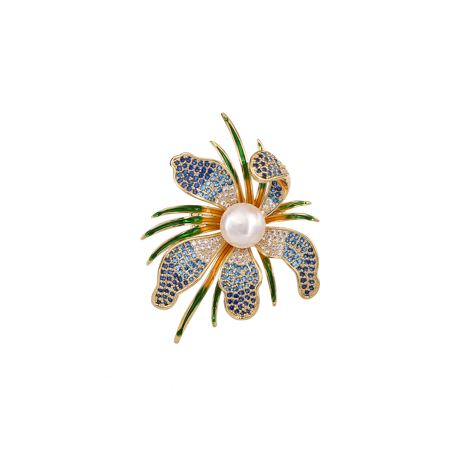 高級グラデーションジルコン 14K ゴールドメッキエナメル天然淡水パール瑪瑙牡丹の花のブローチ