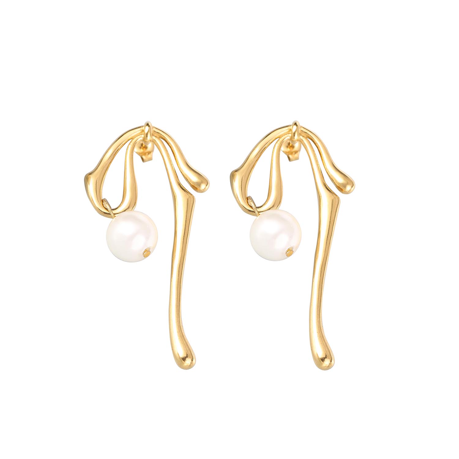 Pearl geometric earrings jewelry retro personality high-end feeling twisted   irregular stainless steel gold-plated earrings