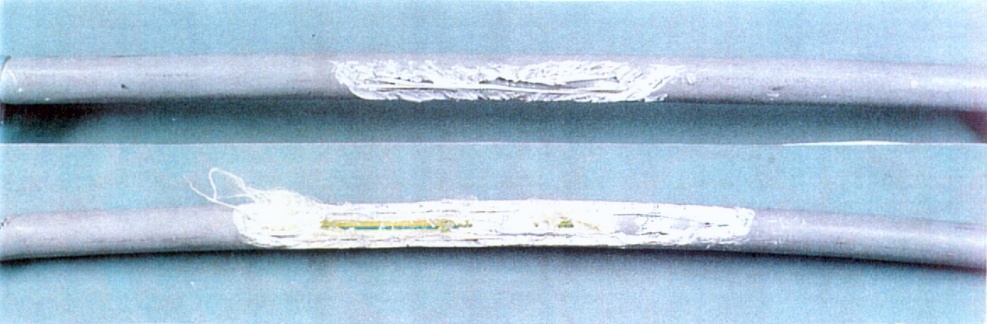  Fig. 4e: Diseño de cable de PE/vidrio E impregnado/PE/aramida después de la prueba;  diámetro 8,8 mm.