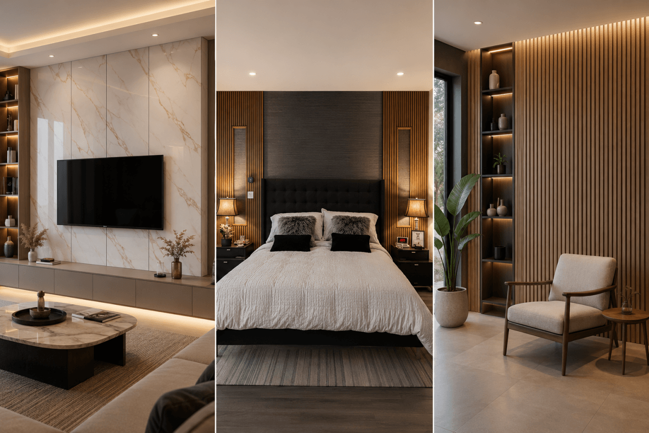Modern residential interior design featuring high-gloss UV panels, decorative acoustic panels and eco WPC grilles for wall cladding