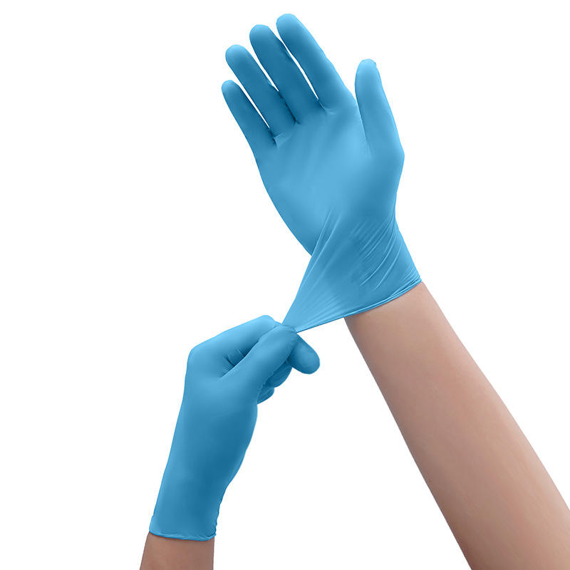 Hurtownia OEM Niestandardowe logo Zagęszczone, bezpudrowe niebieskie rękawice nitrylowe dopuszczone do kontaktu z żywnością