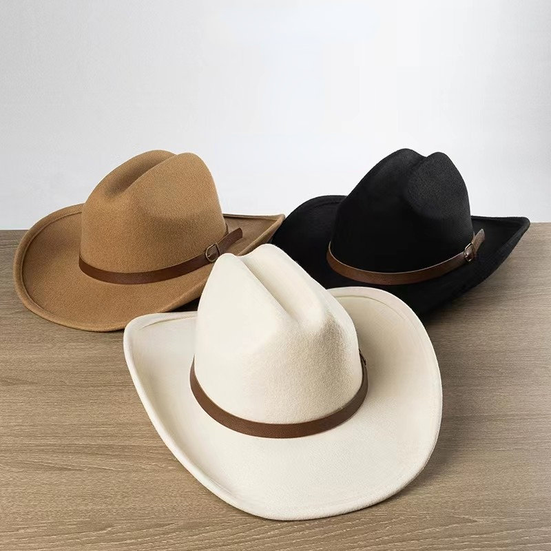 ผู้ผลิตผู้หญิงและผู้ชาย Felt กว้าง Brim คลาสสิกกลางแจ้ง Fedora หมวกคาวบอยตะวันตก Cowgirl หมวกเข็มขัดหัวเข็มขัด