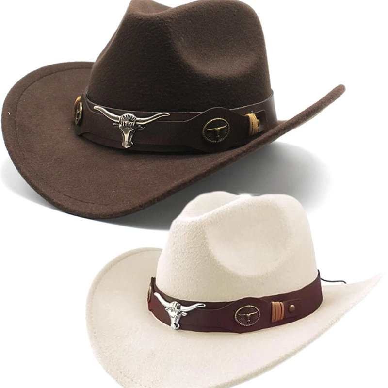 Western Jazz Roll Up Wide Brim Classic Outdoor Felt Cowgirl Cowboy Hat with Bull Belt Buckle