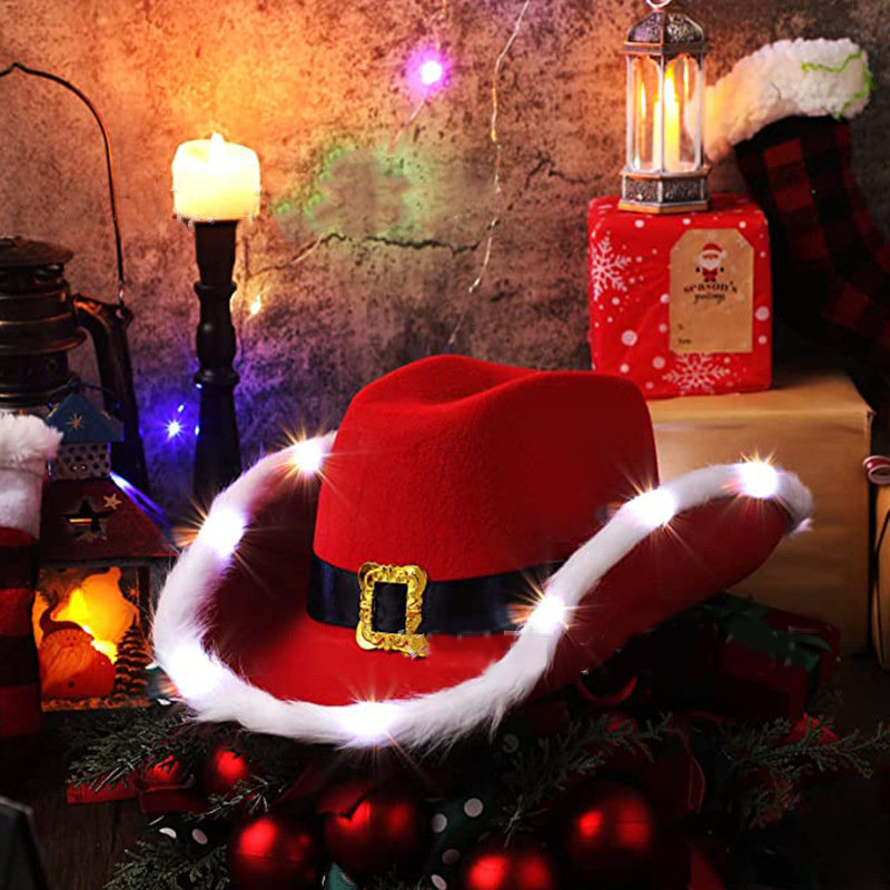 Traje engraçado de pelúcia unissex festival de férias natal santa cowboy chapéus fabricante para homens e mulheres