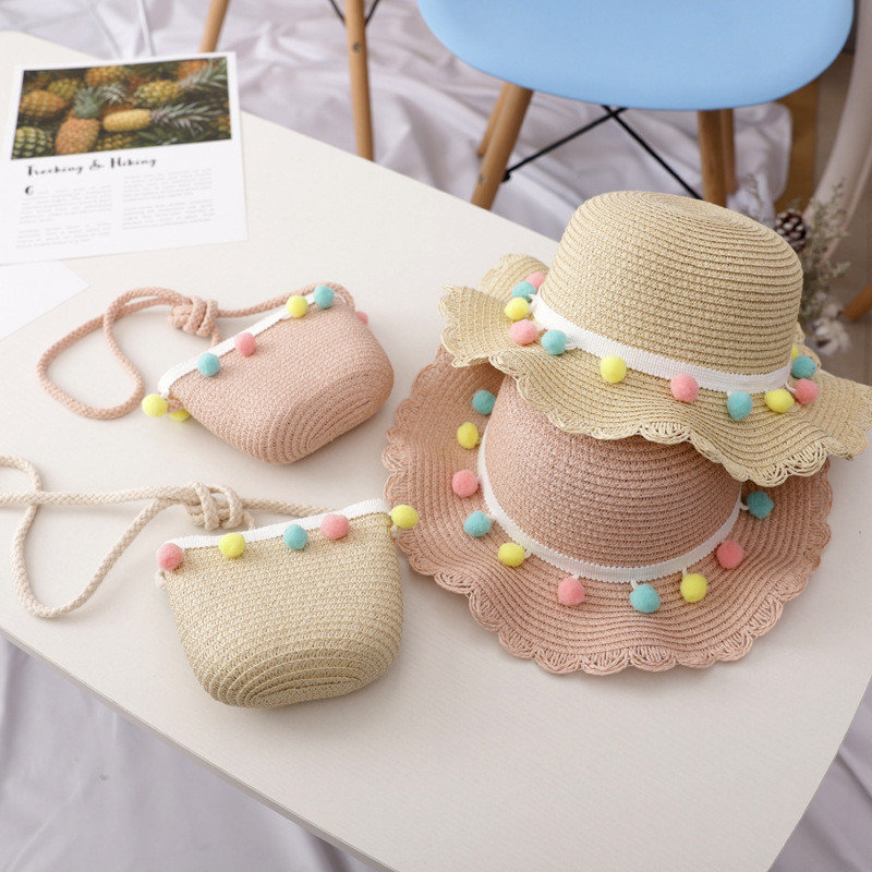 OEM ala ancha protección solar niños niños niñas pequeñas bolso de playa Linda flor verano gorra de playa sombrero de paja con conjunto de bolso