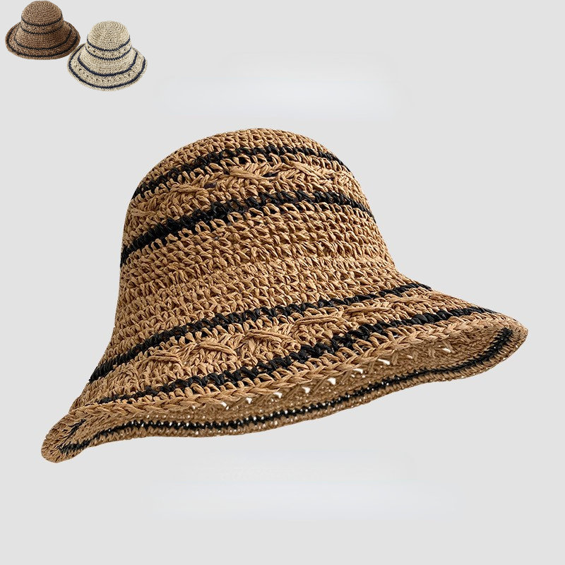 OEM ODM 折りたたみ可能パッカブルストライプかぎ針編み通気性手作りわらバケツ帽子ビーチハット女性のための