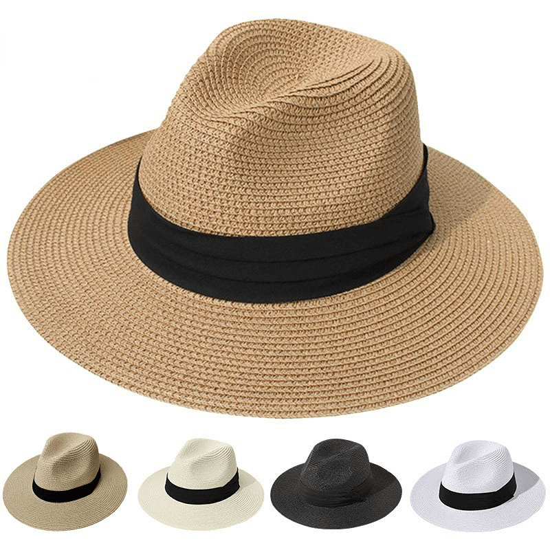 Sombrero de sol de playa enrollable Panamá Fedora de paja de ala ancha ajustable UPF50+ para mujer