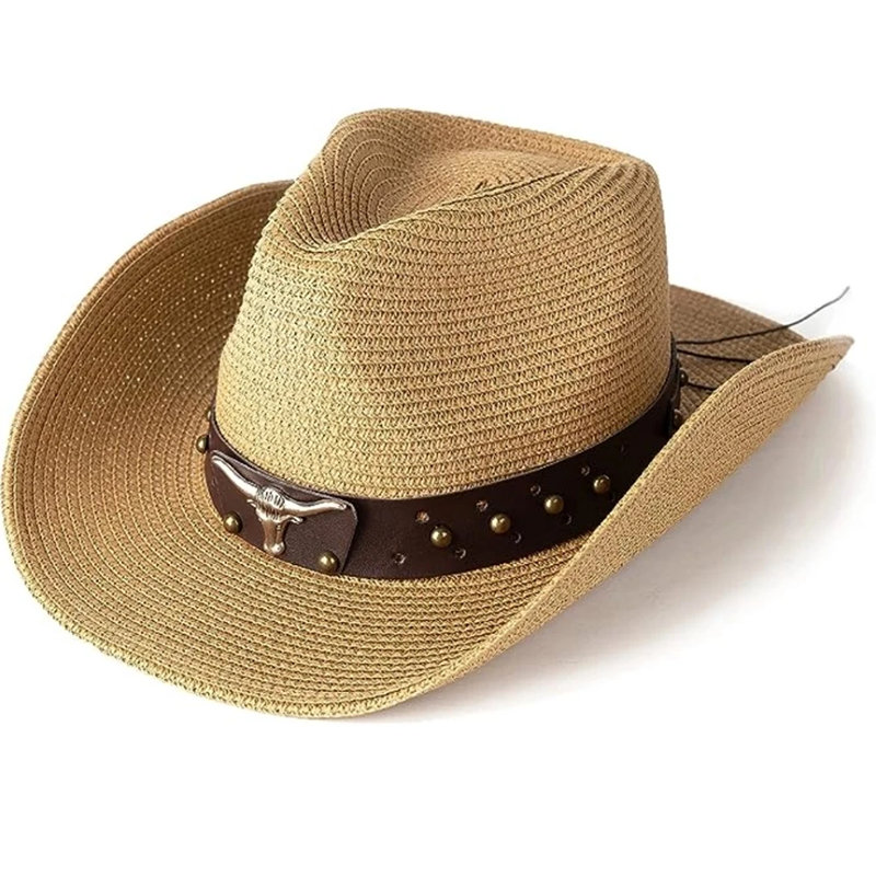 Topi Jerami Koboi Klasik Gaya Barat yang Disesuaikan Topi Cowgirl Pinggiran Lebar dengan Gesper Sabuk