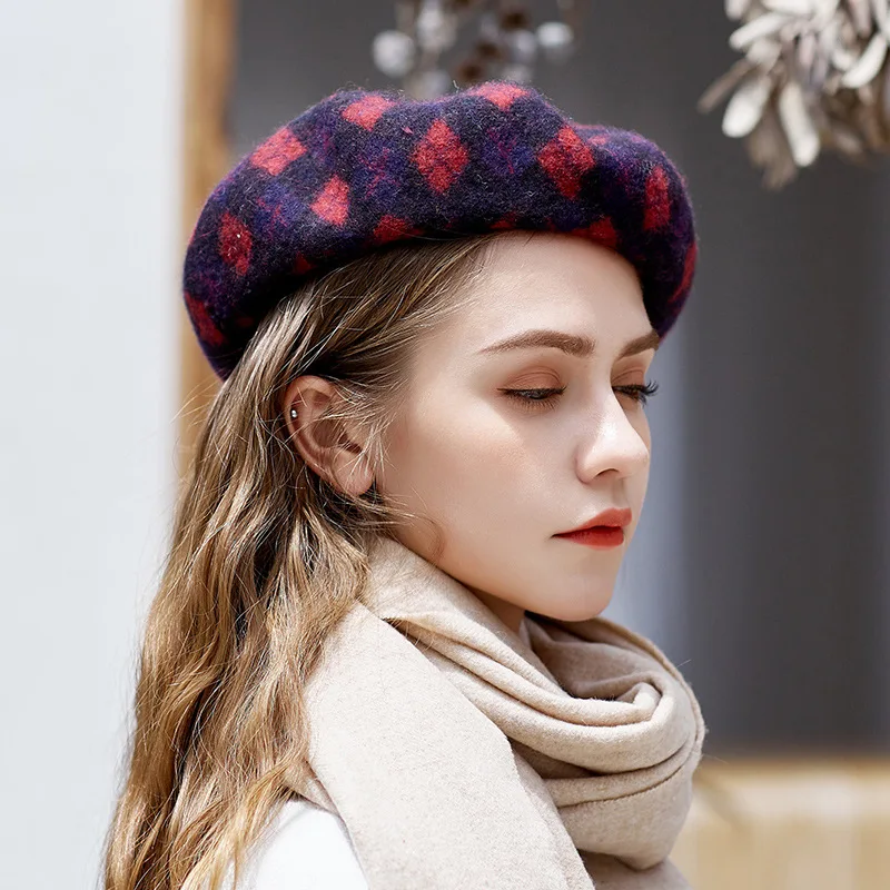 قبعة بيريه صوفية 100 من الصوف بشبكة فرنسية كاجوال من المصنع الجديد للنساء