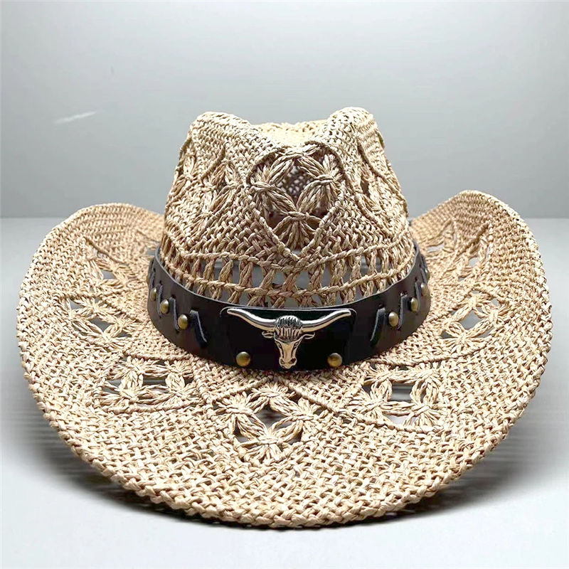Chapéu de palha de vaqueiro de crochê de corda de papel retrô com logotipo personalizado