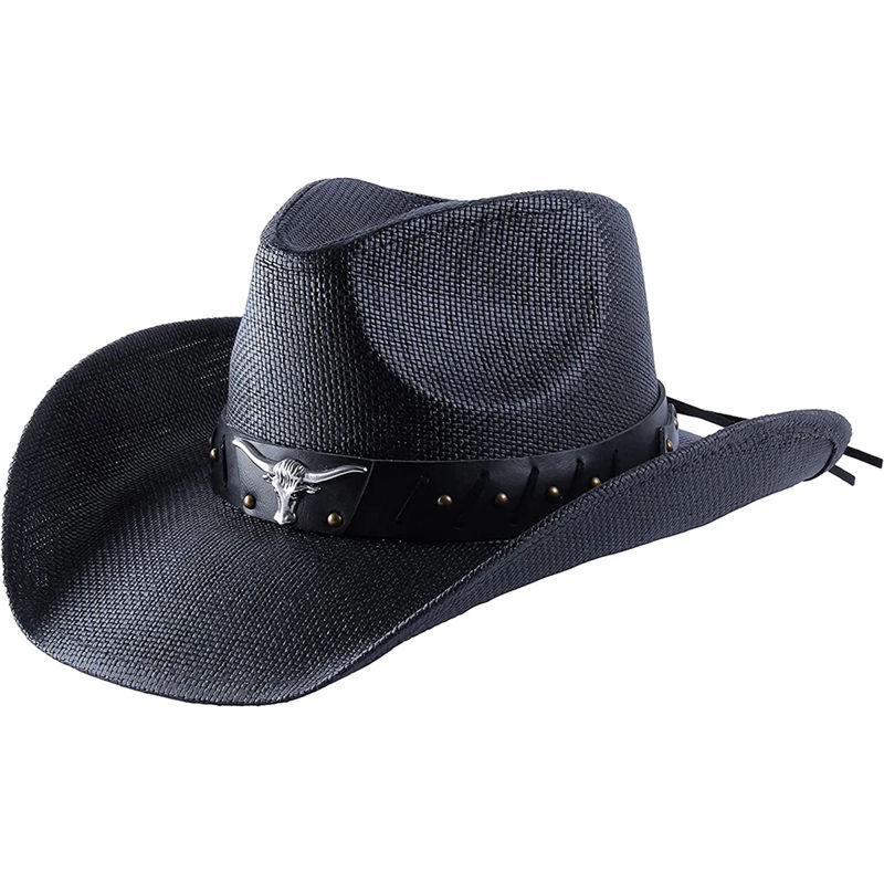Western Jazz Bull Üçlü Çim Kağıt Kumaş Hasır Kovboy Şapkası