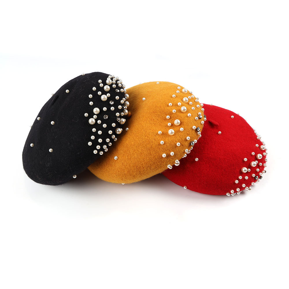 Elegancka perłowa błyszcząca regulowana francuska klasyczna 100% wełniana perłowa czapka z kryształkami Beret czapka dla kobiety