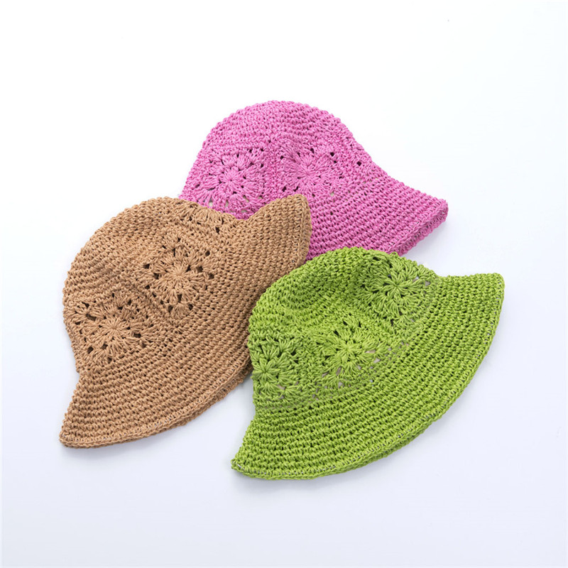 Wanita borong Girls Spring Summer buatan tangan crochet straw bucket hat untuk orang dewasa