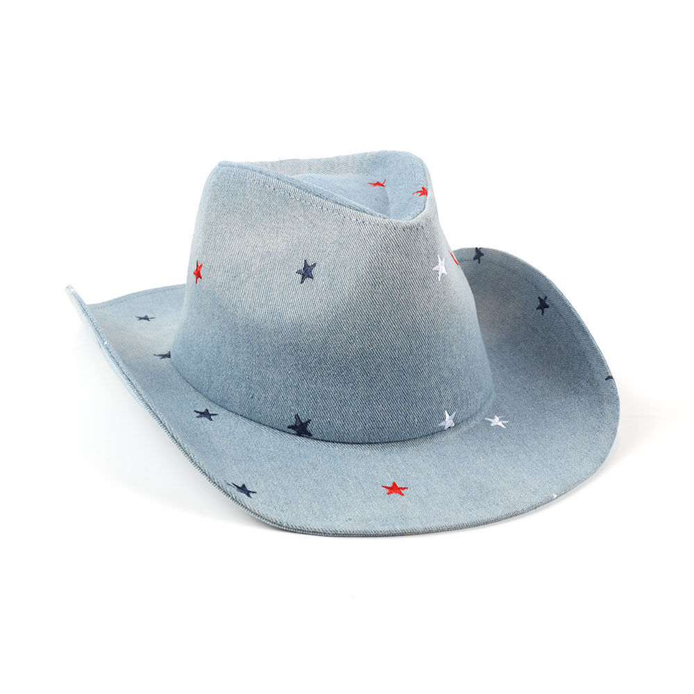 Fabricante de chapéu de vaqueira de cowboy em tecido jeans gradiente estrela bordada de cinco pontas na China