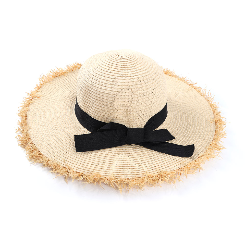 Lafite Grass Raw Edge Mulheres Beach Sun Paper trança aba larga chapéu de palha flexível fabricante com arco