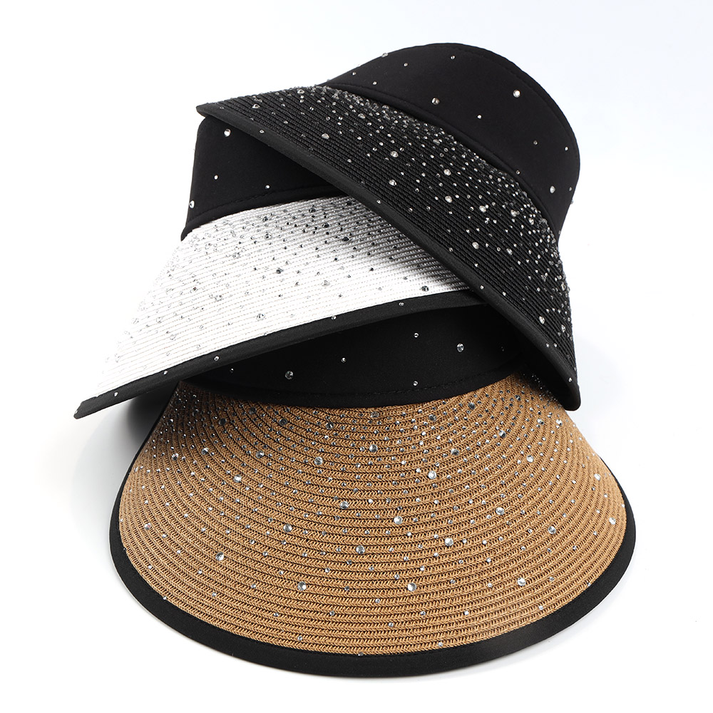Topi pelindung jerami rumput kertas berlian air Bling dapat disesuaikan pantai musim panas wanita untuk wanita