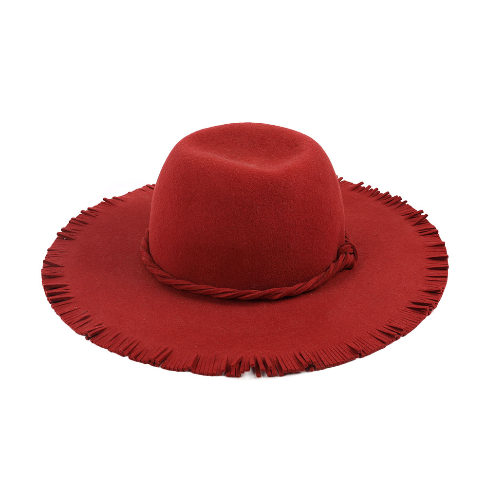 Sombrero de fieltro de cúpula de ala ancha con borlas anchas y flexibles para mujer hecho a mano de lana 100