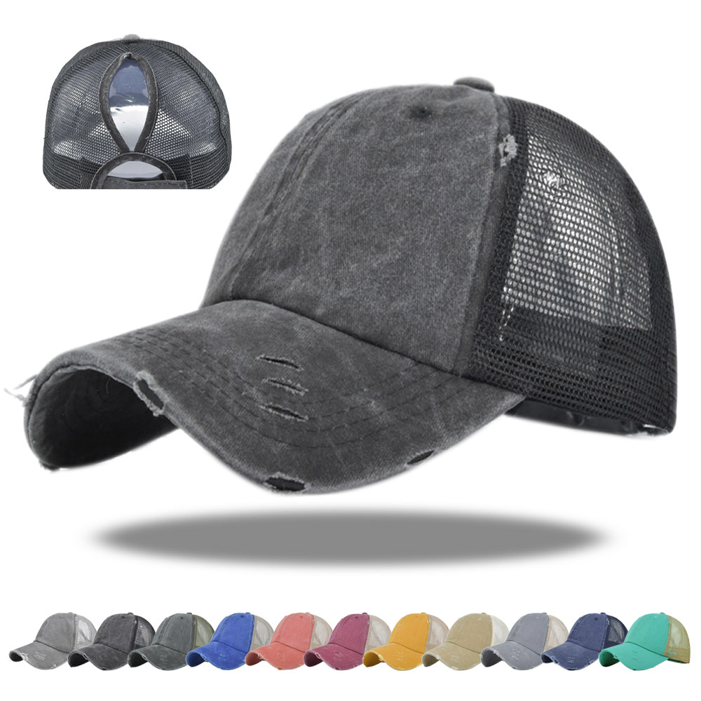 Custom Logo Make Old Denim Men Fashion Ponytail Baseball Sports Mesh Dad Trucker Hat Cap Manufacturer For Man