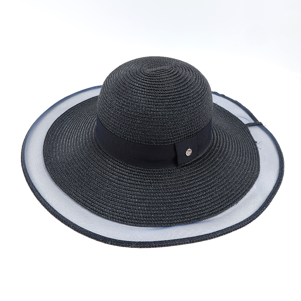 Customized UV Protection Summer Sun Beach Floppy Paper Straw Hat With Net Brim