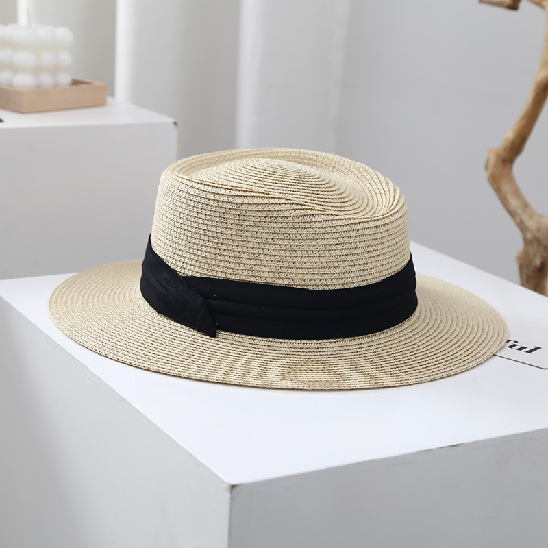 Women Summer Sun Beach Pork Pie Flat Boater Paper Straw Hat With Custom Logo