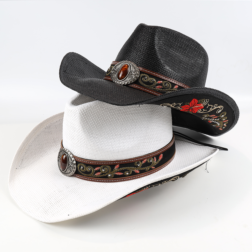 Gemstone Decoration Paper Cloth Western Jazz Cowboy Cowgirl Straw Hat Supplier
