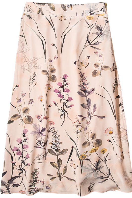 A Line Floral Printed Mid Length Silk Skirt