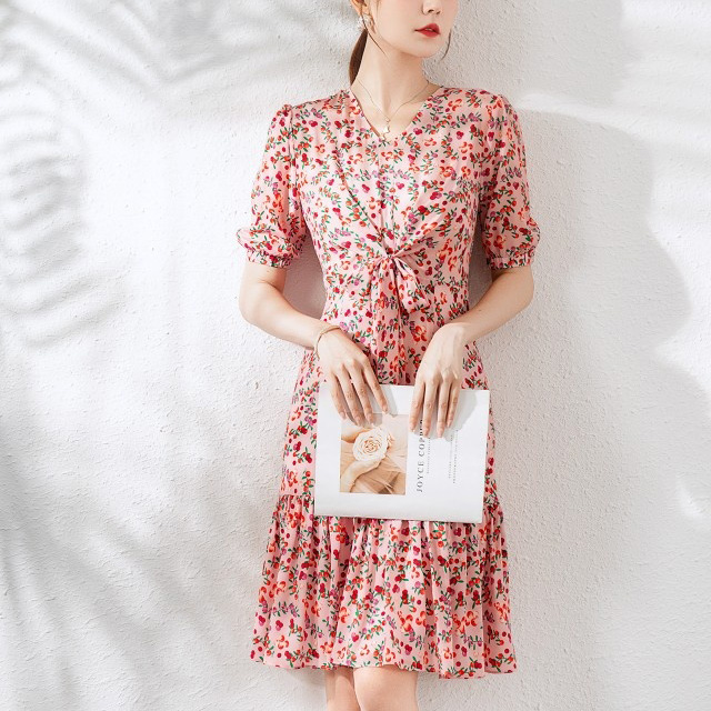 Pure Crepe De Chine Silk Tea Dress Uk with Short Sleeve in Floral Print